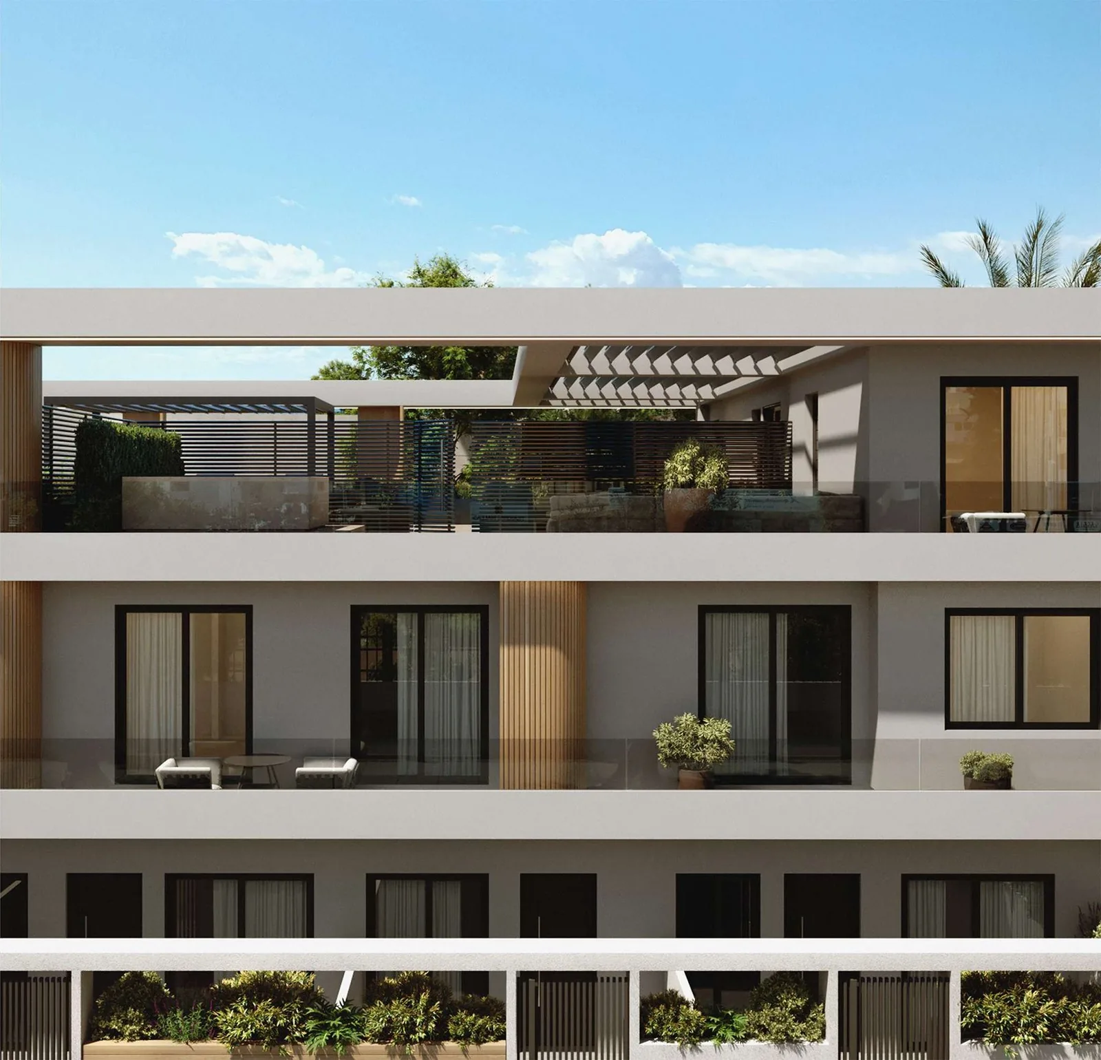 Kato Elliniko Riviera Suites — Teraslar ve pergola — cephe detayı