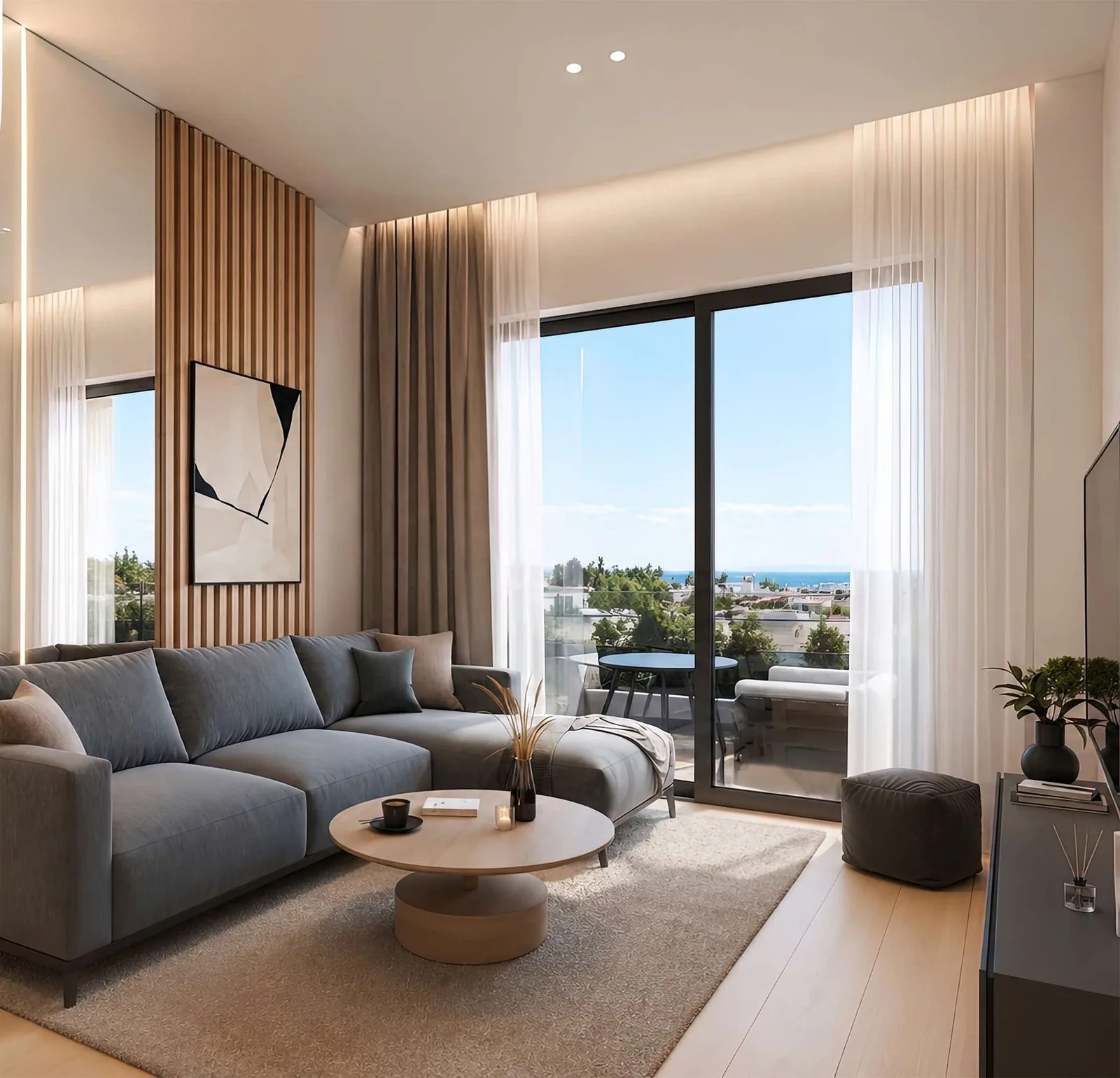 Kato Elliniko Riviera Suites — Salon — balkona açılan tavandan tabana cam